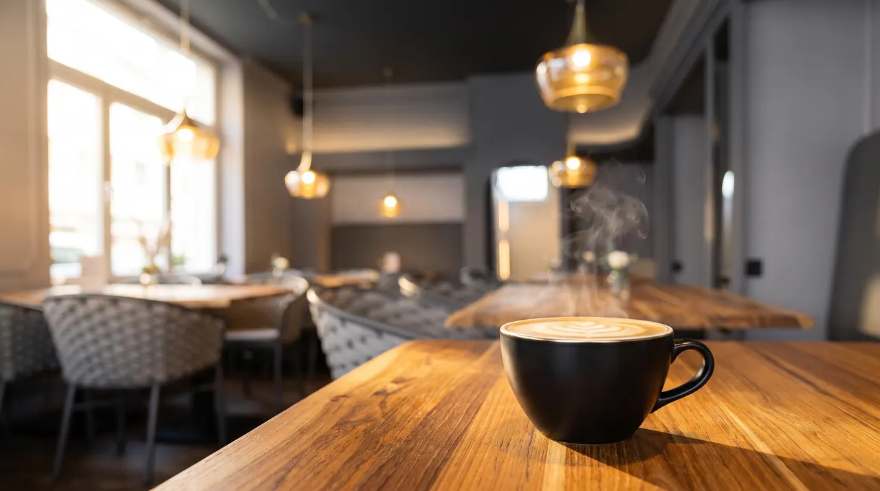 Cappuccino in schwarzer Tasse im Café 24A, im Hintergrund goldene Pendelleuchten